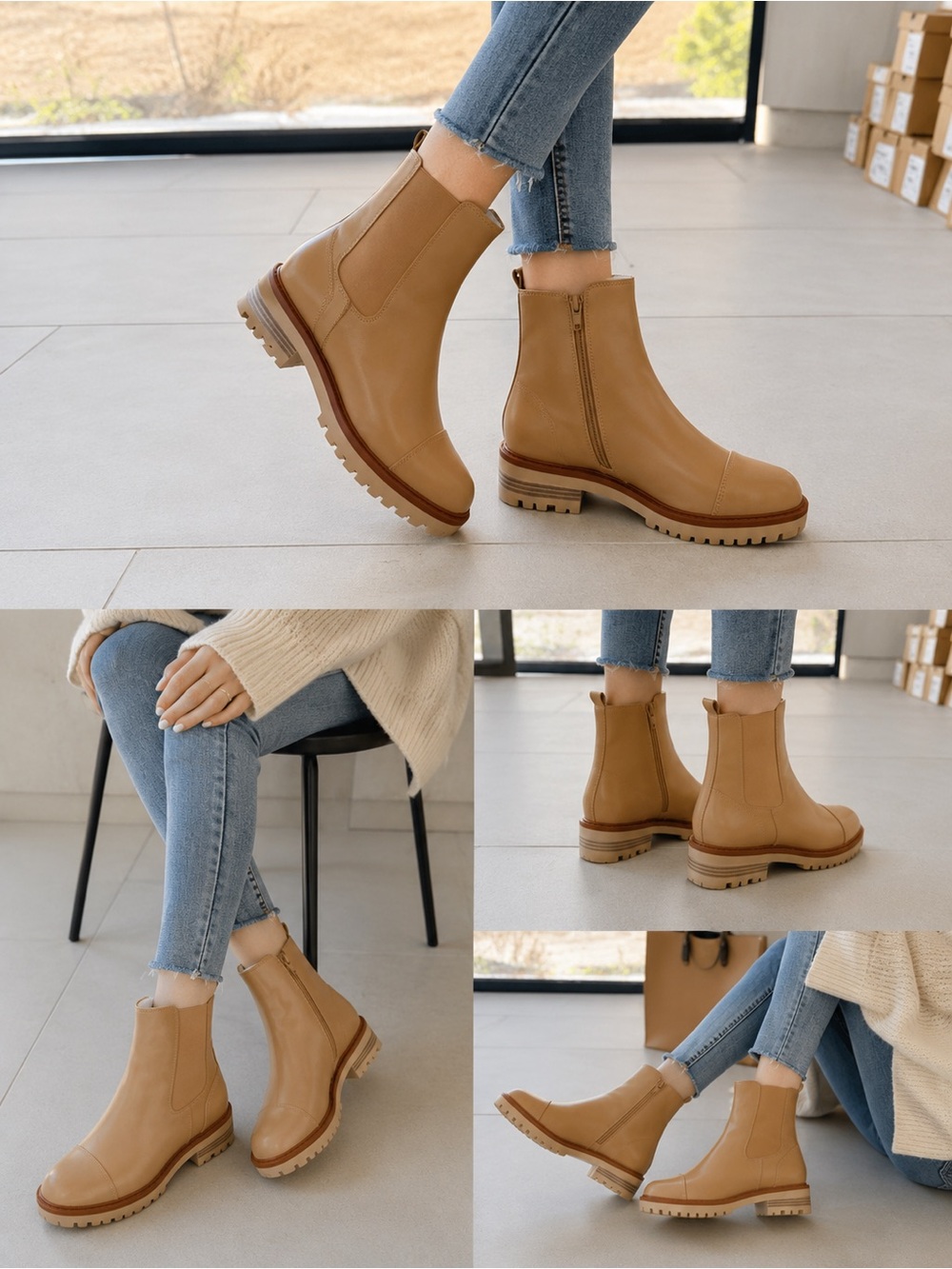 Women's Tan Chelsea Lug Sole Boots